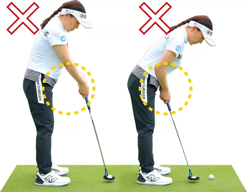 手が体から離れすぎ、あるいは近すぎると手先で打ちやすくなり軌道が安定しない。