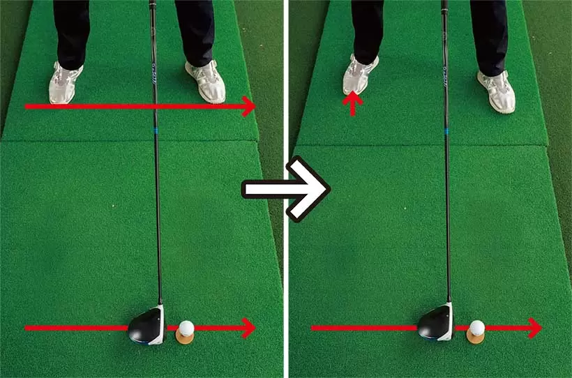 スクエアスタンスから右足を少し後ろに引くといい。左足の位置は変えないこと。