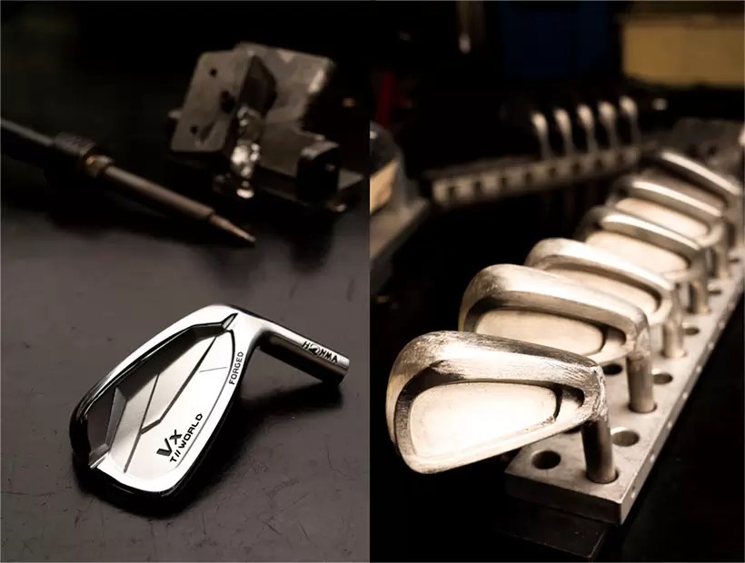 アイアンの作業場にあった試作品はネックやソールに何度もハンダをつけてヘッド形状を微調整していた。