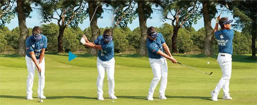 バックスイングよりもフォロースルーを大きくする意識を持てば、ヘッドが加速しインパクトが緩まない。球がより高く上がり、ライン（方向性）も出しやすくなる。