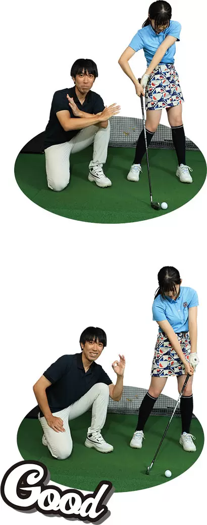 （写真上）遅れたクラブヘッドを無理やり手で合わせているが……（写真下）体と腕を同調させてインパクトを迎えたい！