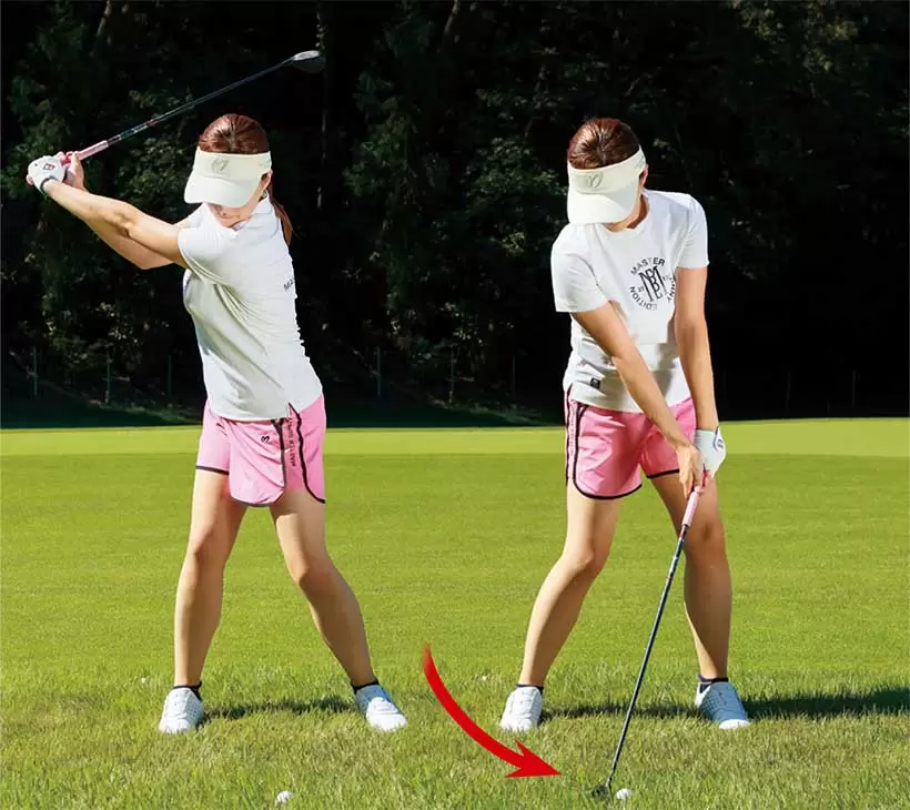 ボールの位置は変えなくていいが、クラブを上から鋭角に入れる意識を持つことが大事。