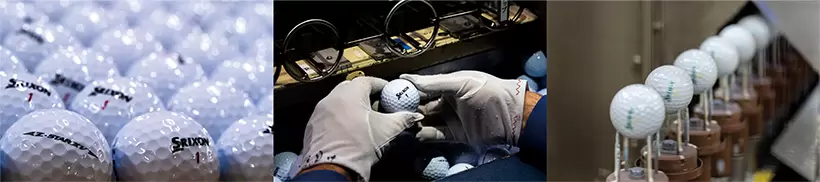 1996年に誕生したゴルフボール生産専用の市島工場。『スリクソン』『ゼクシオ』の開発・生産を行なっている。最終工程では出荷するボールを1個1個、人間の手で品質チェックしていた。