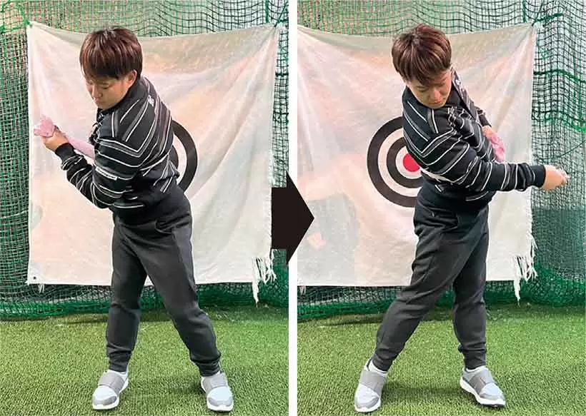 スイング中に意識する部分（胸椎の回旋軸）がわかるとスイングがとてもしやすくなる。バックスイングでは左手側、フォローでは右手側のタオルを長くして確認してみよう。