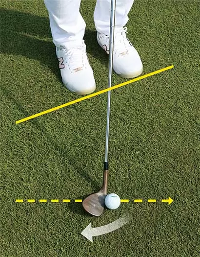 ウェッジのフェースをほんの少し開き、オープンスタンスにして構える。ボール位置は右足の前が基本。