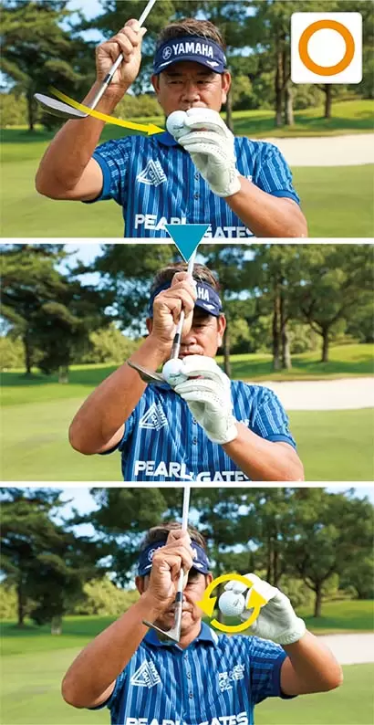 ヘッドを上から入れてダウンブローに打つことで、逆回転のスピンがかかり、ボールが芝を噛んで止まる。高麗芝などの日本芝は、ウェッジのバウンス角が大きいほうが打ちやすく、スピンがかかりやすい。