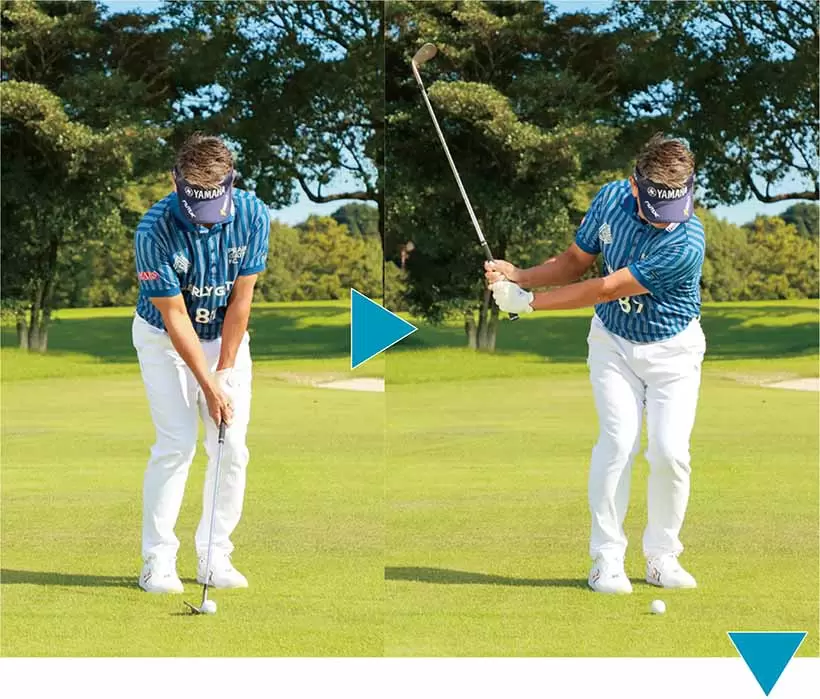 ハンドファーストに構えたら、コックを使ってクラブを上げる。