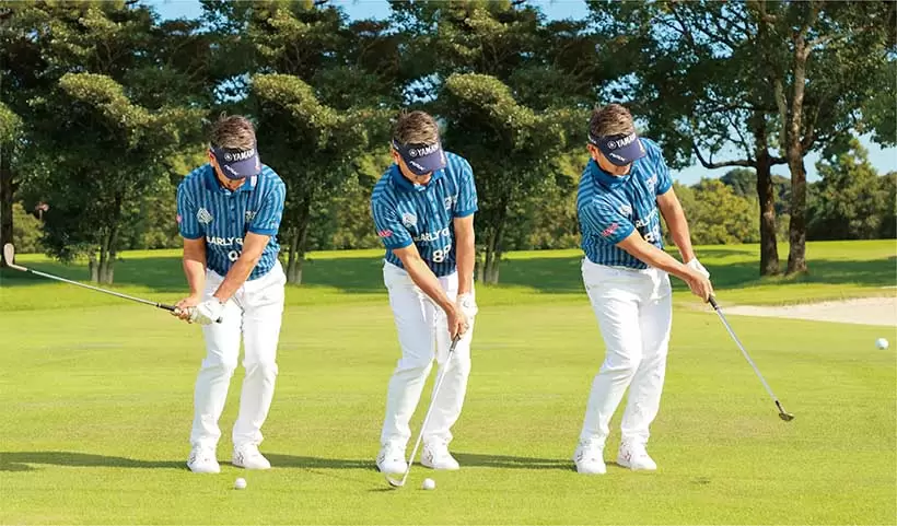 アドレス時のシャフトの傾きをインパクトで再現しつつ体の回転でボールをとらえる。