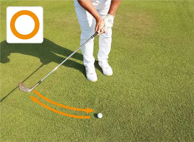 フェースのトゥ側から上げて、ヒール側から振り下ろす。こうするとアウトサイド・イン軌道になりやすく、クラブの入射角が鋭角になる。