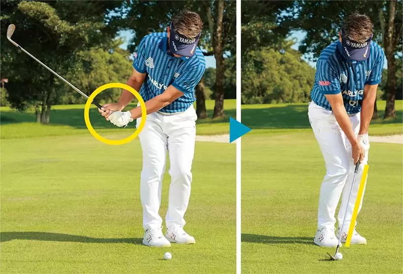 手首の角度をほどかずに、ハンドファーストの形をキープしたままインパクト。上から押さえ込んでボールを低く強く打ち出すとスピンがかかる。