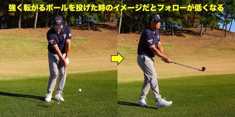 強く転がるボールを投げた時のイメージでアプローチすると、左足体重のインパクトになりフォローでヘッドが低く出る。