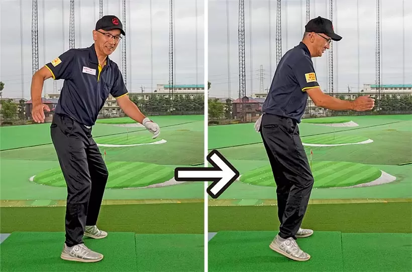 歩くときのような両足の重心の前後移動を意識しよう。これが効率のいい下半身の動きの基本だ。