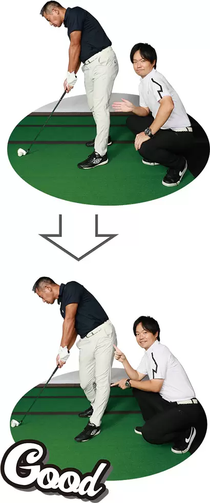 （写真上）身体が回らないので重心が右に残ってしまう（写真下）左へ踏み込めればスムーズに腰を回すことができる！