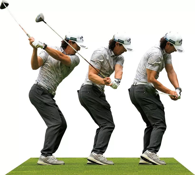 コンパクトなトップからシャローにヘッドを入れていくことで効率良く飛距離が出て安定性も増した。切り返しのタイミングを急がずゆっくり行うのがポイント。