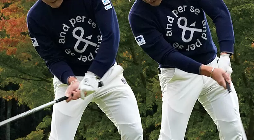 インパクトで力みが生まれるとリズム良く振り切ることができない。リズムが乱れる原因は切り返しで力むから。丁寧に切り返すことで常に同じリズムで振れるようになる。