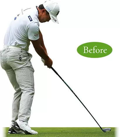 写真は以前のインパクトイメージだが、現在はこれよりもさらに左腰を回転させてフェードボールを打っている。