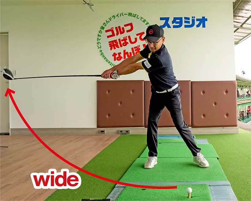 遠心力が働きやすいのでバックスイングの円弧がワイドになる。