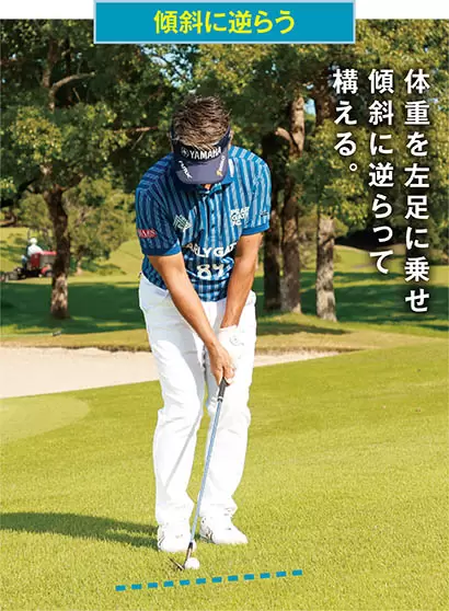 ボールの位置は右足親指の前が基本。左に置くとミスが出やすいので注意しよう。