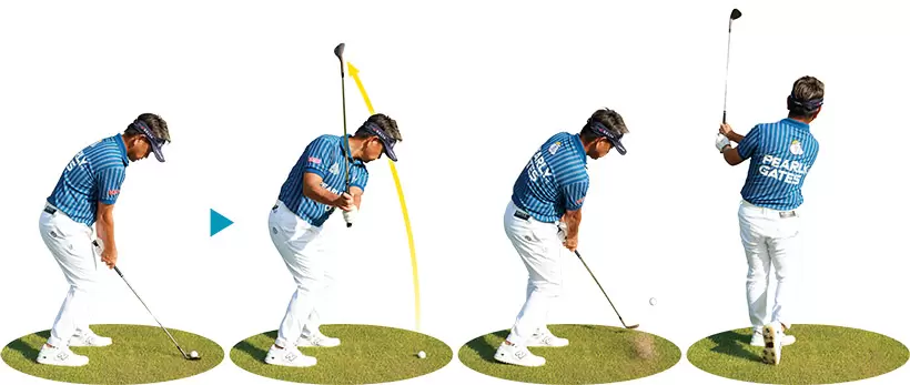 バックスイングでコックを使いながらクラブを外（アウトサイド）に上げ、そこからややカットにボールを打つ。インパクトが緩まないように、体の回転を使ってしっかり振り抜くことが大事。
