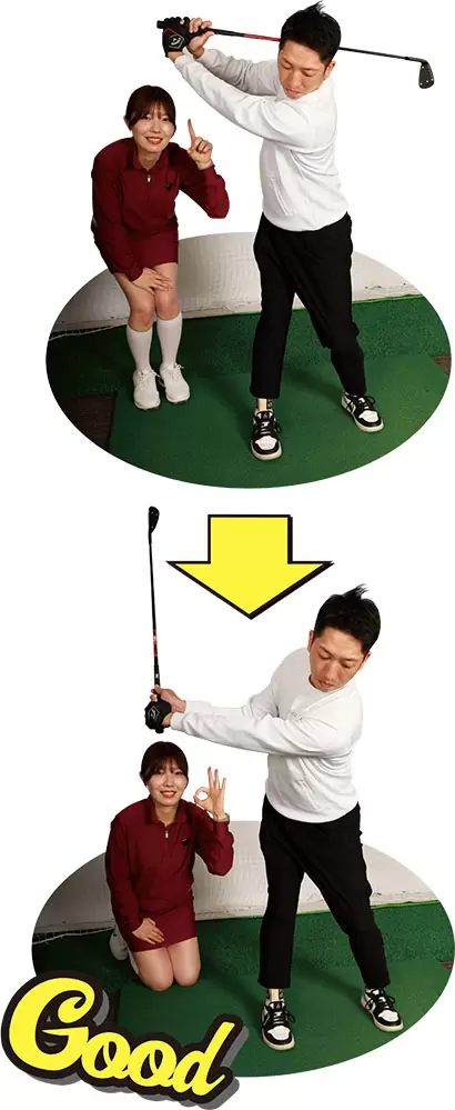 （写真上）右ヒジが伸びたままだとトップで手首の動きが大きくなる！（写真下）コックはこの程度でもOK！右ヒジを畳んだコンパクトなトップに。