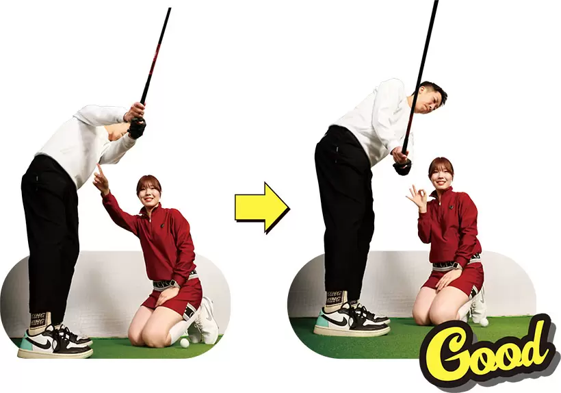 （写真左）右ヒジが伸びていきなり手元を高く上げすぎている（写真右）右ヒジを曲げて手元は上体と一緒に低く上げていく！
