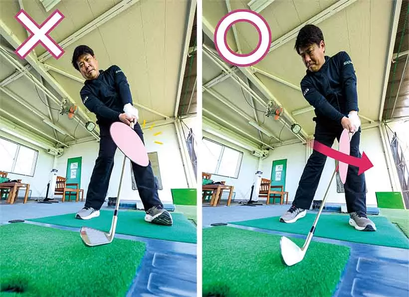 シャフトの面がよじれると風がつかまらない（左）。シャフトの面で風をつかまえるイメージで振る（右）。