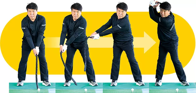 ロープを両手に持って素振りする練習がオススメ。カラダの回転が先行し、ロープが遅れて上がっていくイメージや、ロープが背中に当たったところでトップの間が作れることが体感できる。