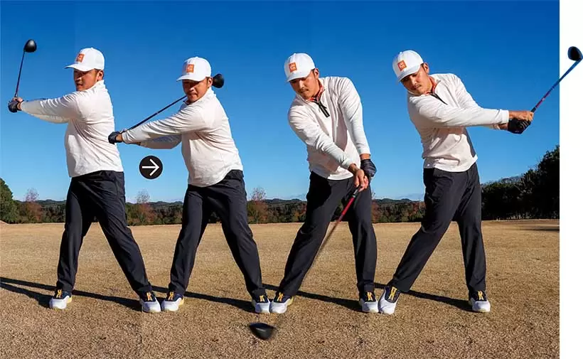 切り返しで腕を真下に下ろせばクラブは慣性でそのまま上に向かい、引っ張り合いのパワーが発生する。これが大きなタメを生み、クラブの加速スピードがアップする。