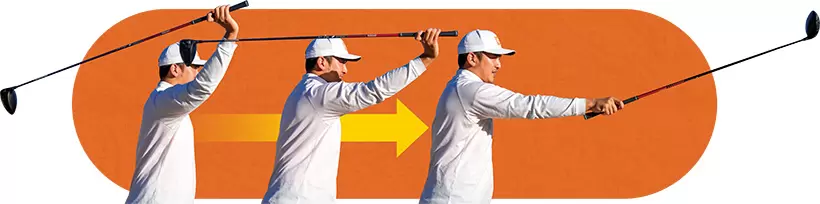 竿を振り上げる途中で手元を投げる方向に動かす（左）。竿がしなって、釣り糸を遠くに投げることができる（右）。