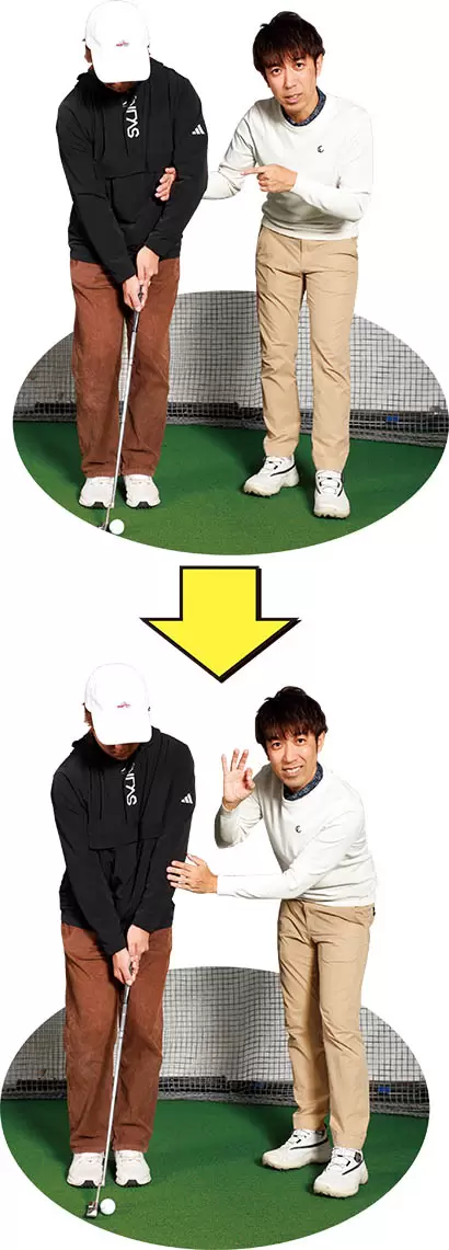 （写真上）無理矢理左ヒジを引くことでフェースをスクエアに合わせようとしているけれど（写真下）アドレス時からスクエアならインパクトで無駄な動きは必要なくなる！