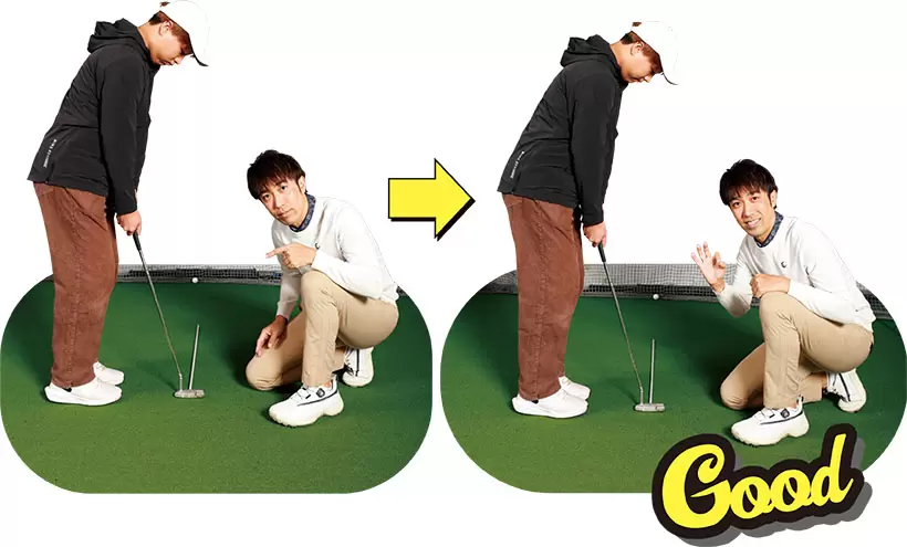 （写真左）スタンスはクローズ、フェースは右向きですが（写真右）スクエアに立ちフェースはターゲットへ！