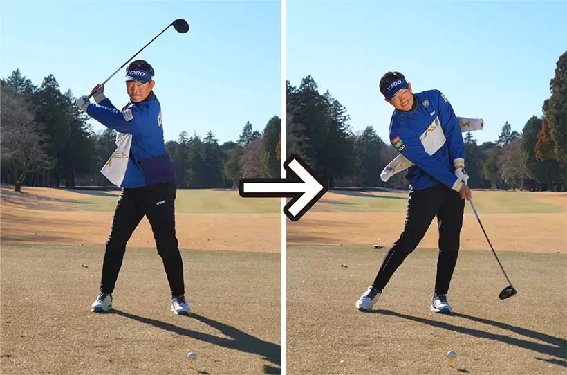 両ワキの締まり感をキープし、胸やお腹を回転すれば腕とクラブが連動する。