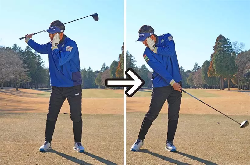 左手で左頬を抑えて右手素振りし、頭の位置をキープする感覚をつかもう。