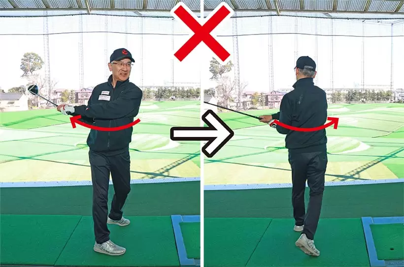 腕と一緒に横回転するのが原因。フェースの開閉が起こるから左にも飛んでしまう。