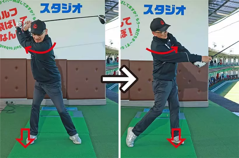 バックスイングで捻転がしやすくなるし（左）、フィニッシュまでクラブを大きく振り切れる（右）。