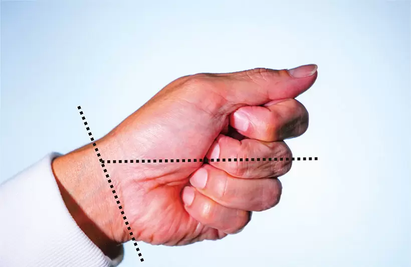 手関節が弓なりに上方向に反るような過伸展にしてはいけない。手関節のしわに対して中指の向きが直角になっておらず、手関節に過剰な負荷をかける握り方。