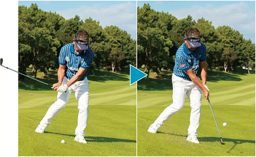 アプローチ練習場では、左足下がりの傾斜を探してボールを何球も打ってみよう。傾斜に沿って振れば、クラブが下から入るミスが直り、スイングの基礎が身に付く。