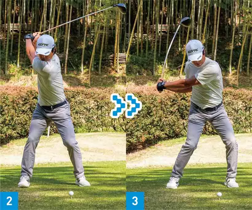 切り返し直後の早いタイミングから左足に体重をかけて、左股関節を回しはじめている。