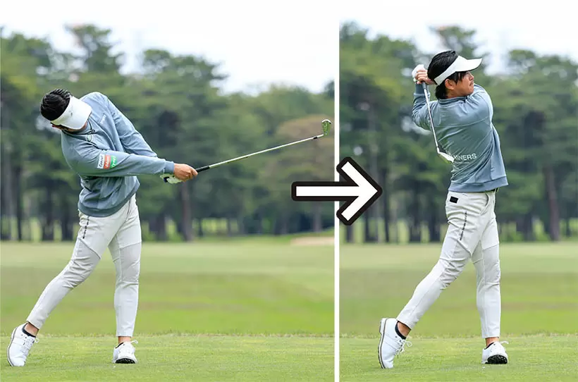 左足の踏み込みによってカラダがしっかり回転し、フィニッシュまで振り切れる。