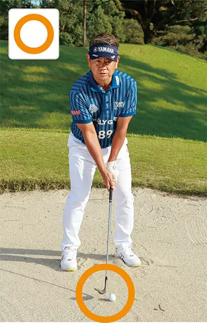 アプローチに比べて、ボール半個から1個ぶん左にセット。体重配分は左6対右4くらいの左足体重が基本で、高く上げる時は左右均等に構える。