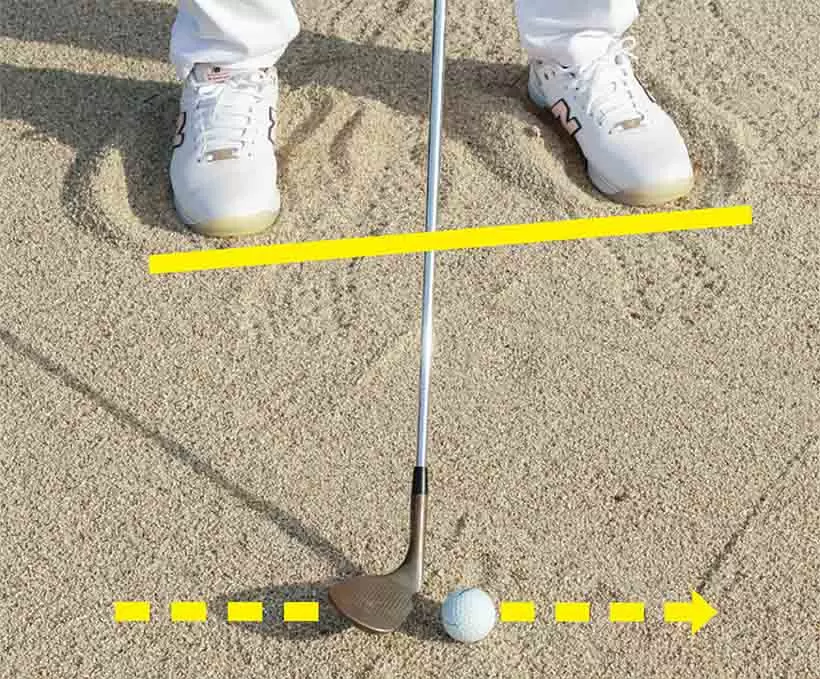 ピンまでの距離や打ちたい球の高さに応じてフェースを開き、スタンスをオープンにする。フェースは目標に真っすぐ向けなくてもOK。バウンスを使える状態を整えることが重要。