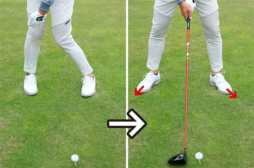 両ヒザを内側に締めると両ヒザへの負担が大きい（左）。両ツマ先を広げた逆ハの字スタンスで構えよう（右）。