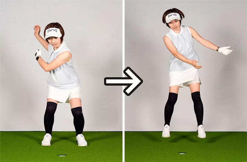 地面を踏みつけ、蹴るようにスイングしても腰の回転が伴わなければ地面反力の効果は望めない。