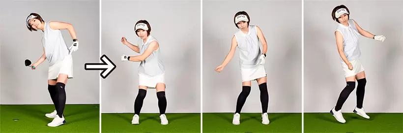 地面反力を使うのは腰の回転を速くするため。左足の母指球でちょっと地面を押すくらいの感じで十分