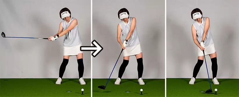 ボールが上がり過ぎる原因はすくい打ちが大半。ダウンスイングで手首が早く解けるアーリリリースになっている。