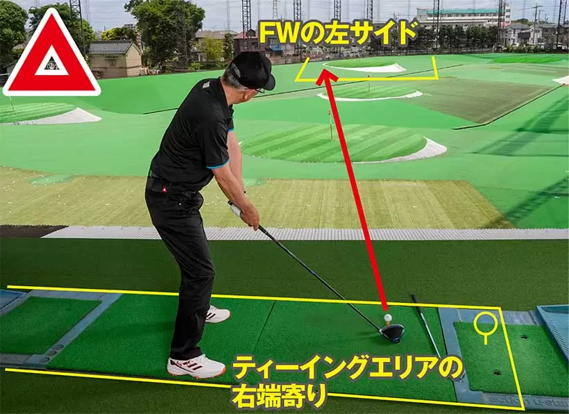 フェアウェイの対角線を利用するのは、マットの左を向いて斜に構えるようなもので違和感が生じやすい。