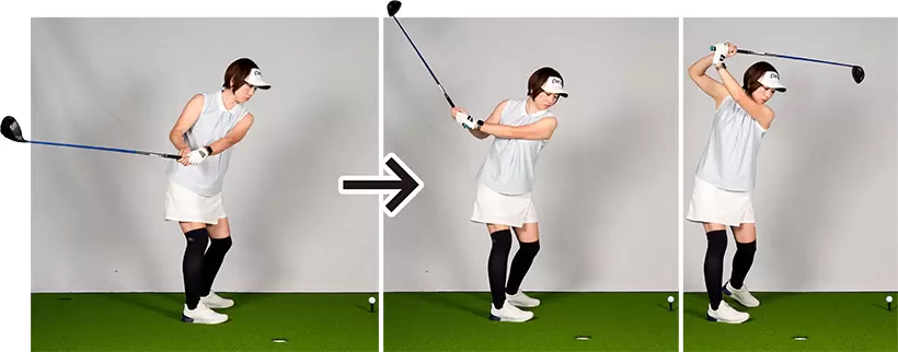 フラット軌道で振ろうとするとテークバックをインに引きがち。こうすると最終的にアップライトなスイングに戻ってしまう。
