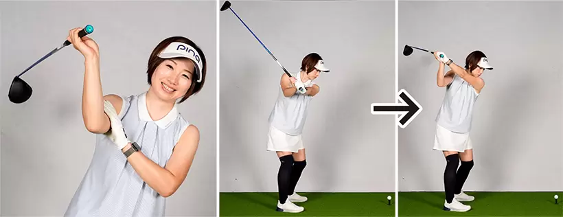 バックスイングで右上腕部が外側に回ると右ヒジが下を向く。こうなるとトップが低い位置に収まってフラットなスイング軌道が作れる。