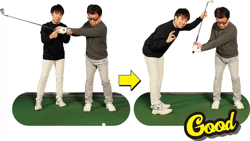 （写真左）切り返し以降、腕の動きが止まり、クラブヘッドが先行していますが（写真右）腕を走らせてグリップエンドから下ろしてくるのがいい！