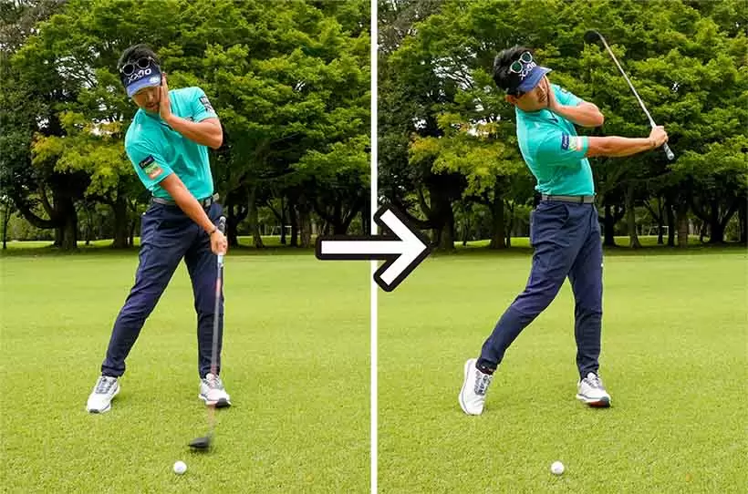 ヘッド・ビハインド・ボールとカラダの正面でボールをとらえる感覚がよく分かる。